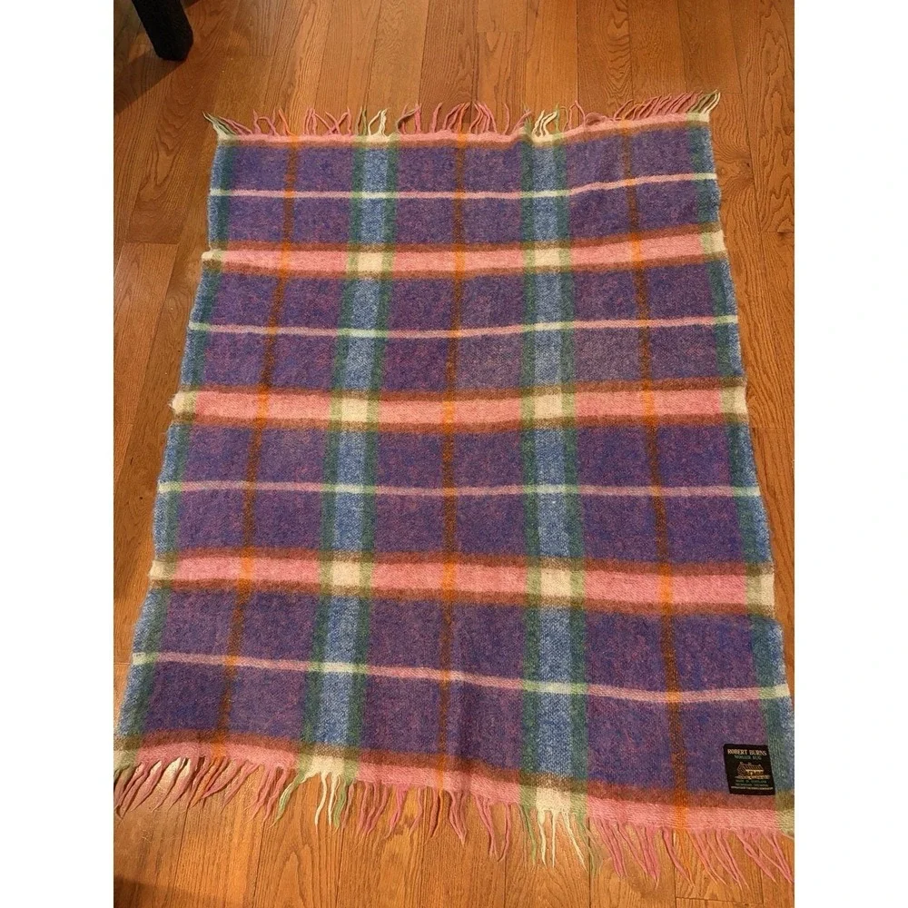 Vintage 1960s Robert Burns Mohair Plaid Throw, 70% Mohair, 30% Wool 70x52
